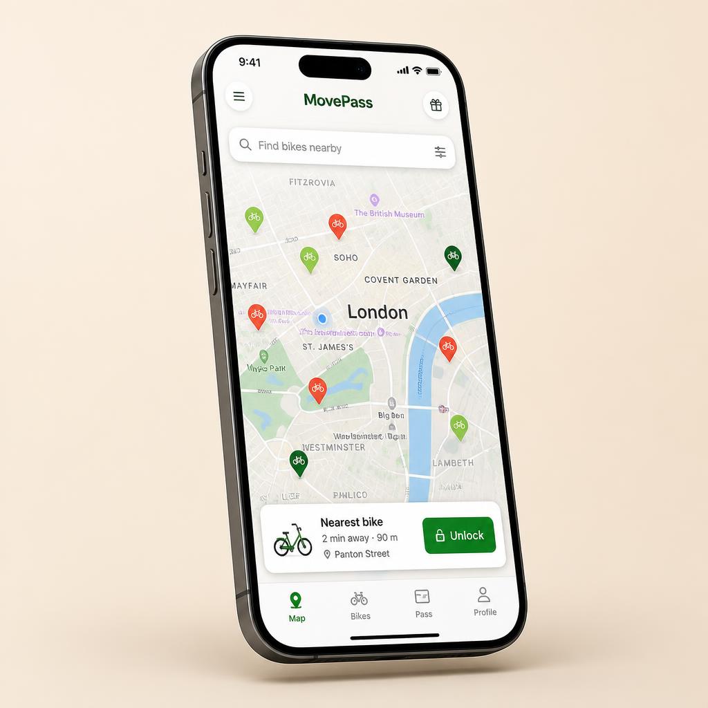 App mockup showing a map of London with available bikes from multiple operators